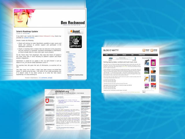 Collage of three Solaris-related blog homepages—Ben Rockwood’s site, Blog O’ Matty, and cOt0dOs0.org—overlapping on a bright blue swirled background.