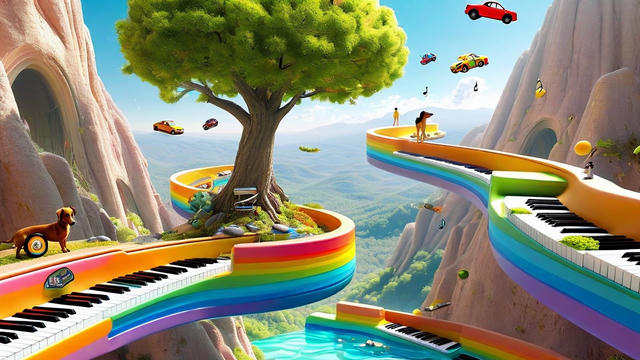 A surreal landscape where rainbow-colored piano keyboards form winding bridges and pathways through towering sandstone canyon walls. In the center, a large green tree grows from a circular rainbow platform, with a brown dachshund standing nearby. Electric vehicles float impossibly in the bright blue sky like colorful flying cars - red, yellow, and other vibrant colors suspended in mid-air. Musical notes drift through the scene. The keyboard bridges curve and spiral through the canyon architecture in impossible ways, their black and white keys clearly visible against the rainbow-striped surfaces. A small human figure can be seen on one of the distant platforms. The entire scene combines elements of music, technology, and nature in a dreamlike composition with warm lighting and a sense of infinite possibility.