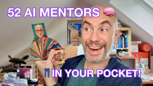 Constantin, smiling at the camera while holding a fan of colorful illustrated cards featuring one with a cartoon version of Seth Godin. Text overlay reads: “52 AI MENTORS IN YOUR POCKET!” The setting appears to be a home office with bookshelves visible in the background.