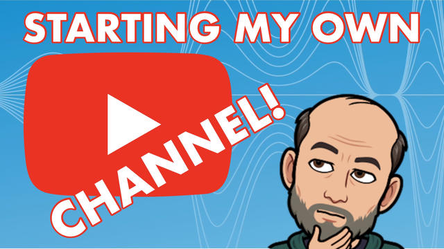 A Thumbnail image with text 'STARTING MY OWN CHANNEL!' in large white letters with red outline on a blue background, featuring a large red YouTube play button icon and a cartoon illustration of Constantin in the bottom right corner looking thoughtful.