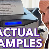 A screenshot from a video showing a thermal POS printer displaying a list of AI-related examples. The printout shows items 6 and 7, including ‘Shell Game Podcast’ and ‘This Video Itself,’ with descriptive bullet points about each. On the right side is a close-up of Constantin, looking directly at the camera with a slight smile. Large purple text at the bottom reads ’7 ACTUAL EXAMPLES.’ The overall layout suggests this is from a YouTube video discussing real-world applications or examples of AI technology.