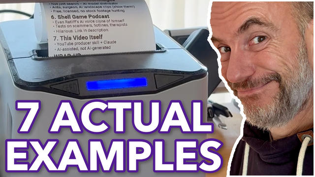 A screenshot from a video showing a thermal POS printer displaying a list of AI-related examples. The printout shows items 6 and 7, including 'Shell Game Podcast' and 'This Video Itself,' with descriptive bullet points about each. On the right side is a close-up of Constantin, looking directly at the camera with a slight smile. Large purple text at the bottom reads '7 ACTUAL EXAMPLES.' The overall layout suggests this is from a YouTube video discussing real-world applications or examples of AI technology.