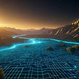 A futuristic landscape featuring a glowing neon blue digital grid flowing like a river through a vast valley surrounded by golden-lit mountains. The grid pattern illuminates with cyan electric lines against dark terrain, with scattered rocks and golden vegetation visible along the valley floor. A bright sun sets on the horizon, casting warm golden light across jagged mountain peaks, while stars dot the darkening sky above. The scene blends natural mountain terrain with digital technology aesthetics.