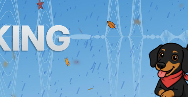 A detail section of this blog’s header image featuring a cartoon illustration black and tan dog with a red bandana on a blue background with falling autumn leaves, rain, sound waves, and letters spelling "KING" on the left side of the image.