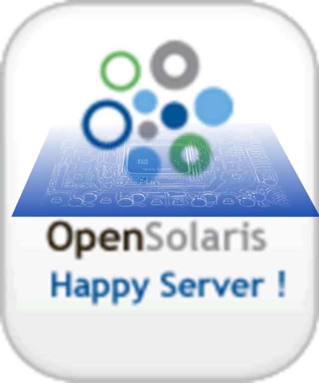 OpenSolaris logo made of colored circles above a circuit board graphic, with text reading “OpenSolaris Happy Server!