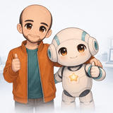 A Chibi-style cartoon illustration of Constantin as a smiling man with a beard wearing an orange jacket and teal shirt, standing next to a small white robot with blue accents and a yellow star on its chest. Both characters are giving thumbs up gestures. In the background, faded office elements including laptops, tablets, and checkmark icons are visible, suggesting a technology or productivity theme.