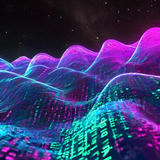 Abstract digital landscape with flowing wave-like forms in vibrant magenta, purple, and cyan colors, overlaid with glowing geometric patterns and data visualization elements against a starry black background.