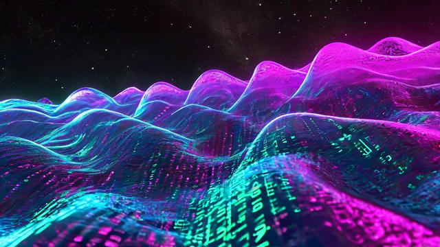 Abstract digital landscape with flowing wave-like forms in vibrant magenta, purple, and cyan colors, overlaid with glowing geometric patterns and data visualization elements against a starry black background.
