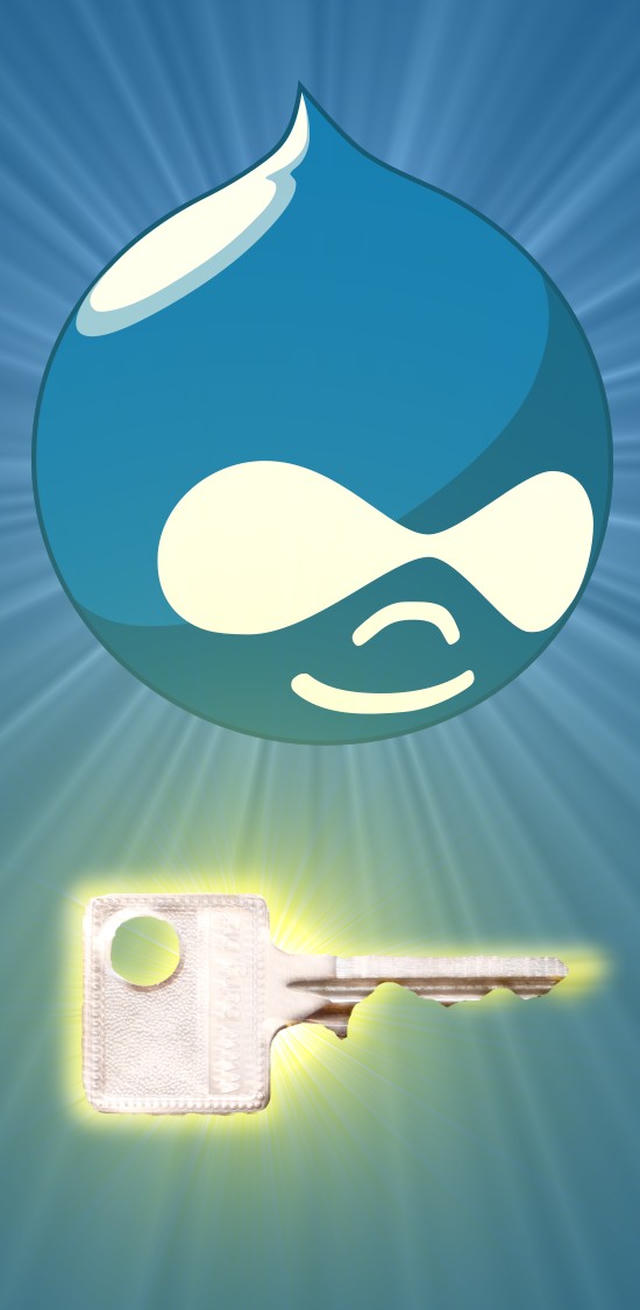 The Drupal droplet logo with a smiling face sits above a glowing gold house key on a blue starburst background.