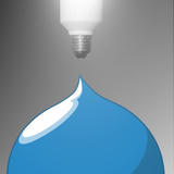 A glowing spiral compact fluorescent light bulb hovering above the blue Drupal drop logo with its smiling droplet face.