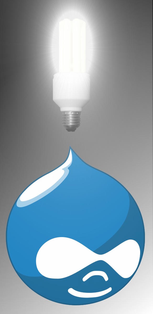 A glowing spiral compact fluorescent light bulb hovering above the blue Drupal drop logo with its smiling droplet face.