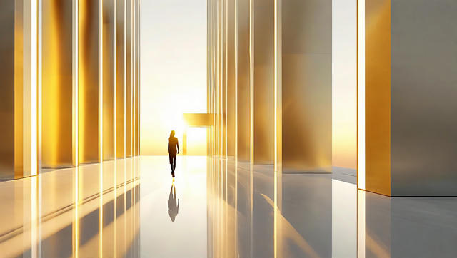 A lone figure walks through a minimalist architectural space with illuminated vertical golden panels and columns, their silhouette reflected on the polished white floor, creating a sense of scale and ethereal atmosphere with warm backlighting.