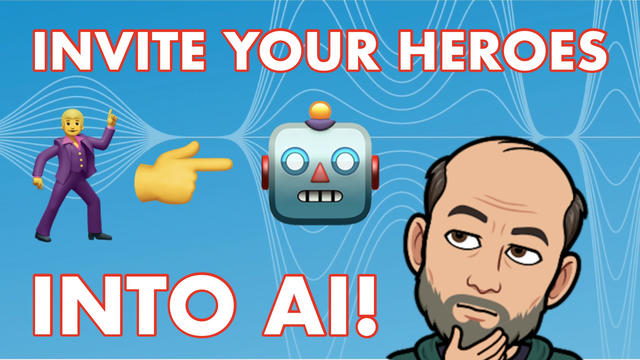 A blue background with wavy patterns features the text 'INVITE YOUR HEROES INTO AI!' in white letters with red outline. On the left is a person in a purple suit with a dancing pose. Next to them is a large yellow pointing hand gesture towards a robot with a square head, round eyes, a red triangular nose, and a yellow bulb on top. On the right is a cartoon illustration of Constantin, wearing a dark green hoodie, with a thoughtful hand gesture near his chin.