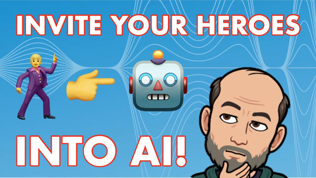 A blue background with wavy patterns features the text 'INVITE YOUR HEROES INTO AI!' in white letters with red outline. On the left is a person in a purple suit with a dancing pose. Next to them is a large yellow pointing hand gesture towards a robot with a square head, round eyes, a red triangular nose, and a yellow bulb on top. On the right is a cartoon illustration of Constantin, wearing a dark green hoodie, with a thoughtful hand gesture near his chin.