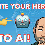 A blue background with wavy patterns features the text ‘INVITE YOUR HEROES INTO AI!’ in white letters with red outline. On the left is a person in a purple suit with a dancing pose. Next to them is a large yellow pointing hand gesture towards a robot with a square head, round eyes, a red triangular nose, and a yellow bulb on top. On the right is a cartoon illustration of Constantin, wearing a dark green hoodie, with a thoughtful hand gesture near his chin.