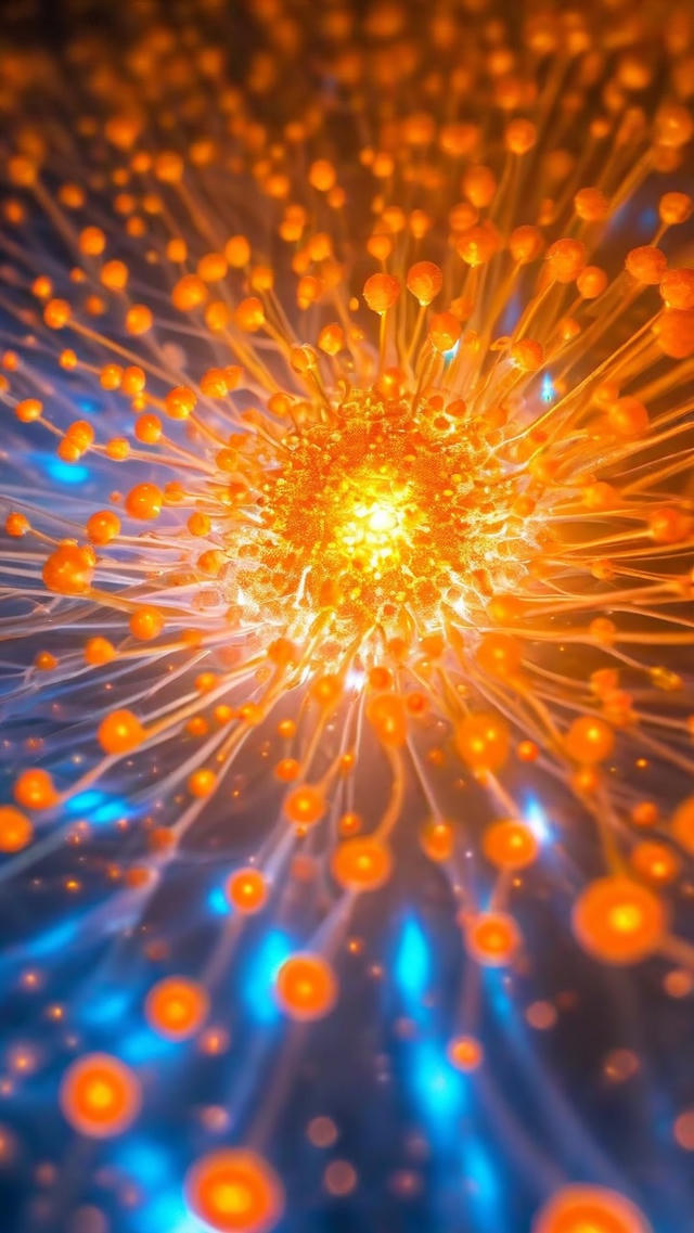 A network of fungal mycelia with golden-orange spores connected by luminous thread-like structures radiating outward from a bright central hub, set against a blue background, resembling the interconnected web structure of fungal networks.