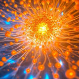 A network of fungal mycelia with golden-orange spores connected by luminous thread-like structures radiating outward from a bright central hub, set against a blue background, resembling the interconnected web structure of fungal networks.