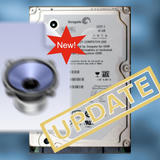 A Seagate hard drive labeled “40 GB” with a red “New!” star, a speaker graphic, and a diagonal “UPDATE” stamp overlay.