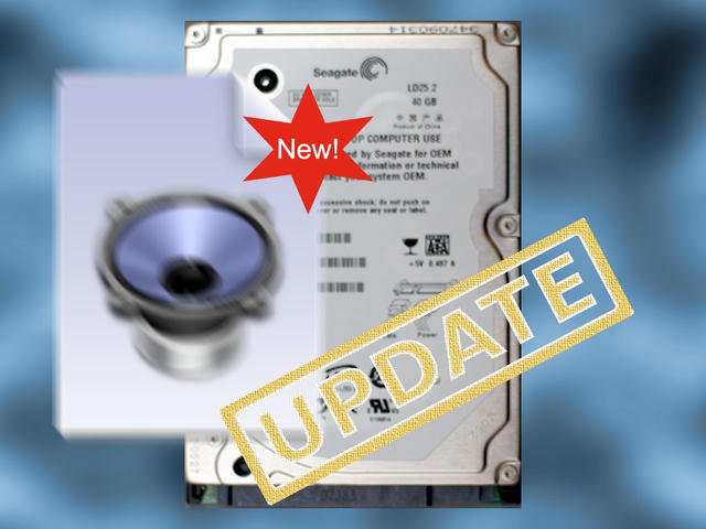 A Seagate hard drive labeled “40 GB” with a red “New!” star, a speaker graphic, and a diagonal “UPDATE” stamp overlay.