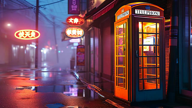 A glowing orange telephone booth stands on a wet street in an Asian city at dusk, with illuminated Chinese signage visible in the foggy background and neon lights reflecting on the rain-slicked pavement.