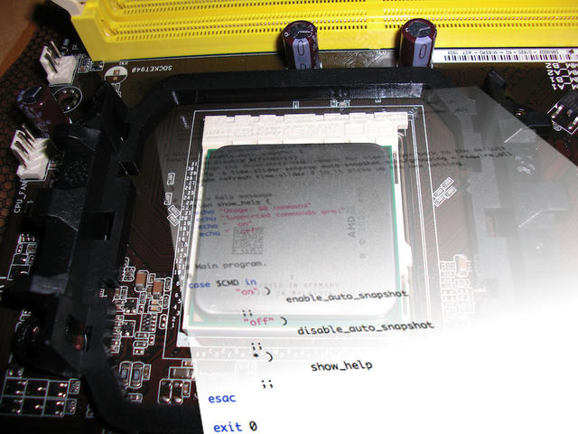 A CPU installed in its motherboard socket, overlaid with a translucent shell script for enabling ZFS auto-snapshots.