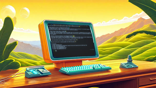 A retro-futuristic computer setup on a wooden desk featuring an orange and teal monitor displaying code on a dark terminal screen, accompanied by a matching keyboard and what appears to be a vintage gaming controller or input device. The scene is set against a vibrant, stylized landscape with rolling green hills, mountains, and a golden-yellow sky with white clouds, creating a nostalgic blend of technology and nature in an illustrative art style.