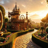 A fantastical steampunk garden scene featuring ornate bronze clockwork mechanisms, gears, and a decorative tower with Gothic spires. A winding cobblestone path leads through manicured hedges and colorful flower beds under a golden sunset sky with dramatic clouds.