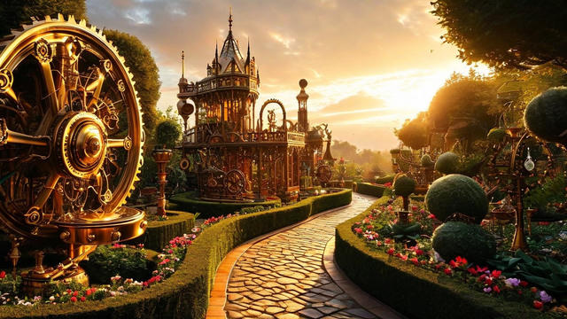 A fantastical steampunk garden scene featuring ornate bronze clockwork mechanisms, gears, and a decorative tower with Gothic spires. A winding cobblestone path leads through manicured hedges and colorful flower beds under a golden sunset sky with dramatic clouds.