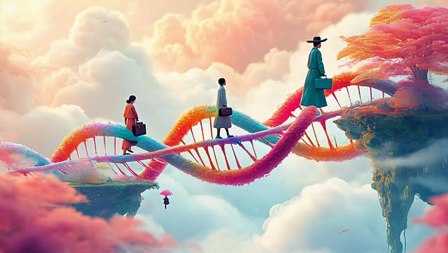 A surreal artistic illustration showing three people in business attire walking across a large, colorful DNA double helix structure that serves as a bridge through a cloudy sky. The DNA strand displays vibrant rainbow colors including pink, orange, blue, and purple. Below, a small figure with an umbrella appears to be falling through the clouds. The scene has a dreamy, fantastical quality with soft pastel clouds in the background.