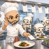 A bearded male chef wearing glasses, a white chef’s coat, and chef’s hat stands in a modern kitchen with modern kitchen appliances visible behind him. He holds a spoon in one hand and a recipe card in the other. Four small white robot assistants with round heads, yellow eyes, and gold accents wearing chef’s hats stand around him, helping with cooking tasks. The kitchen features stainless steel countertops, hanging copper pans, open flames on the stove, fresh ingredients, and recipe cards clipped to an overhead rail. The scene depicts a futuristic collaborative cooking environment blending human expertise with robotic assistance.