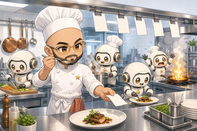 A bearded male chef wearing glasses, a white chef’s coat, and chef’s hat stands in a modern kitchen with modern kitchen appliances visible behind him. He holds a spoon in one hand and a recipe card in the other. Four small white robot assistants with round heads, yellow eyes, and gold accents wearing chef’s hats stand around him, helping with cooking tasks. The kitchen features stainless steel countertops, hanging copper pans, open flames on the stove, fresh ingredients, and recipe cards clipped to an overhead rail. The scene depicts a futuristic collaborative cooking environment blending human expertise with robotic assistance.