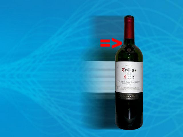 A red bottle of Casillero del Diablo Cabernet Sauvignon wine stands against a blue background with a red arrow icon beside it.