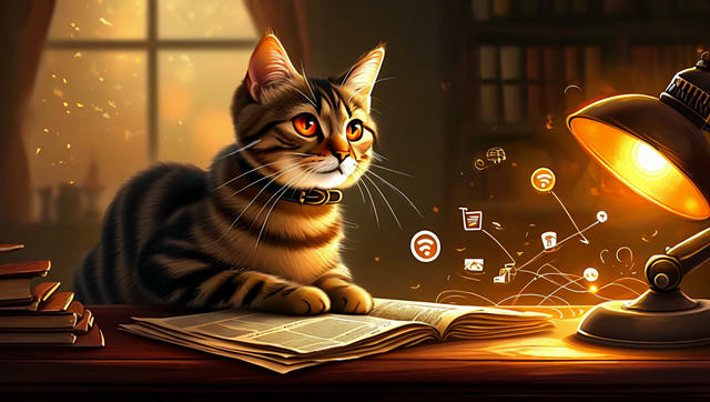 A tabby cat with striking amber eyes sits at a desk in warm, golden lighting, surrounded by an open book, stacked papers, and a glowing desk lamp. Digital icons representing WiFi, images, shopping, and other technology symbols float in the air around the cat, suggesting connectivity and digital communication. The scene is bathed in warm orange and yellow tones, with a window visible in the background showing an evening sky.