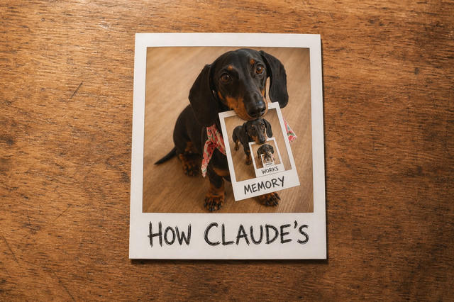 An instant photo lying on a warm wooden table shows a black-and-tan dachshund with a bandana holding a smaller instant photo in his mouth, which shows him holding yet another, three levels deep. The three white borders read “How Claude’s memory works” in rough black marker handwriting.