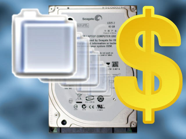 A Seagate laptop hard drive with layered translucent square icons and a large gold dollar sign overlaid on it.