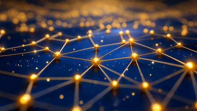 Abstract network visualization with glowing golden nodes connected by luminous lines against a deep blue background, representing interconnected systems and data flow.
