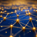 Abstract network visualization with glowing golden nodes connected by luminous lines against a deep blue background, representing interconnected systems and data flow.