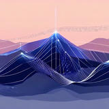Abstract digital landscape with layered purple mountain silhouettes and flowing data streams of binary code and wireframe elements against a gradient sky, visualizing the intersection of technology and nature.
