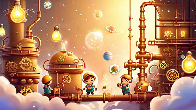 Whimsical steampunk factory scene with cartoon workers operating brass machinery among clouds and stars.