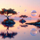 Surreal landscape with bonsai-like trees growing on small floating islands in calm water, their reflections creating perfect mirror images below. Translucent soap bubbles float through a soft pink and purple sunset sky, with distant mountains silhouetted in the background.