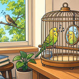 A cozy indoor scene showing a decorative brass birdcage with one yellow and green budgie inside, along with a mirror where the bird’s reflection is visible, a water dish, and a perch. The cage sits on a wooden table next to a potted plant. To the left, a window overlooks trees with two birds perched on a branch singing. A stack of books and part of an armchair are visible in the foreground, and beige walls with vertical paneling complete the warm, homey setting.
