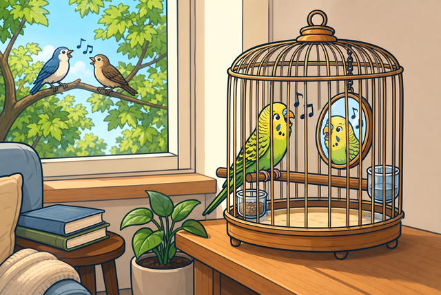 A cozy indoor scene showing a decorative brass birdcage with one yellow and green budgie inside, along with a mirror where the bird’s reflection is visible, a water dish, and a perch. The cage sits on a wooden table next to a potted plant. To the left, a window overlooks trees with two birds perched on a branch singing. A stack of books and part of an armchair are visible in the foreground, and beige walls with vertical paneling complete the warm, homey setting.
