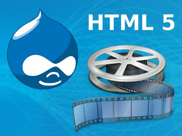 Drupal drop logo beside “HTML 5” text, a metal film reel, and an unspooling filmstrip on a blue background.