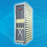 A tall Sun Oracle Exalogic Elastic Cloud server rack with a glowing “X” logo, illuminated by yellow interior lighting against a blue background.
