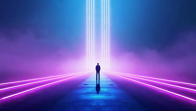 A silhouetted figure stands in the center of a futuristic corridor with neon pink and blue glowing lines on the ground and vertical light beams extending upward into the distance, creating a symmetrical tunnel effect against a gradient background transitioning from blue at the top to magenta and purple on the sides.