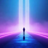 A silhouetted figure stands in the center of a futuristic corridor with neon pink and blue glowing lines on the ground and vertical light beams extending upward into the distance, creating a symmetrical tunnel effect against a gradient background transitioning from blue at the top to magenta and purple on the sides.