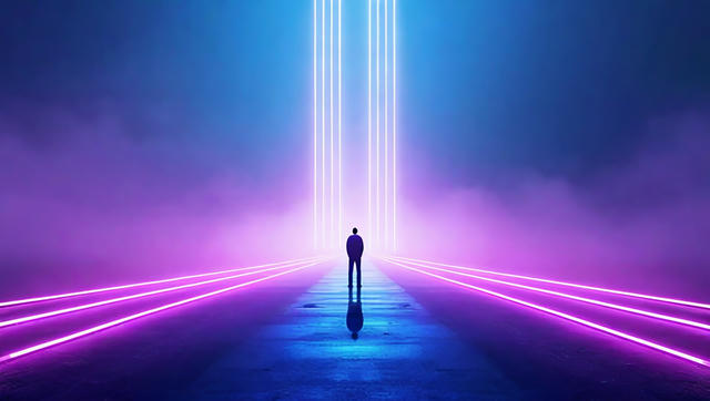 A silhouetted figure stands in the center of a futuristic corridor with neon pink and blue glowing lines on the ground and vertical light beams extending upward into the distance, creating a symmetrical tunnel effect against a gradient background transitioning from blue at the top to magenta and purple on the sides.