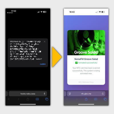 The iPhone NFC scanning experience, before (cryptic URL shown), and after (a nice web page with the activated music choice’s logo and a confirmation message).