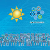 Sun logo and the OpenSolaris logo above a large crowd of generic silhouette figures on a blue background.