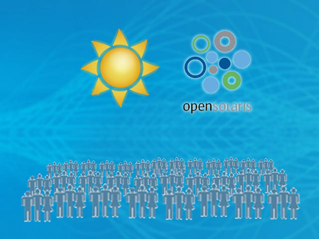 Sun logo and the OpenSolaris logo above a large crowd of generic silhouette figures on a blue background.